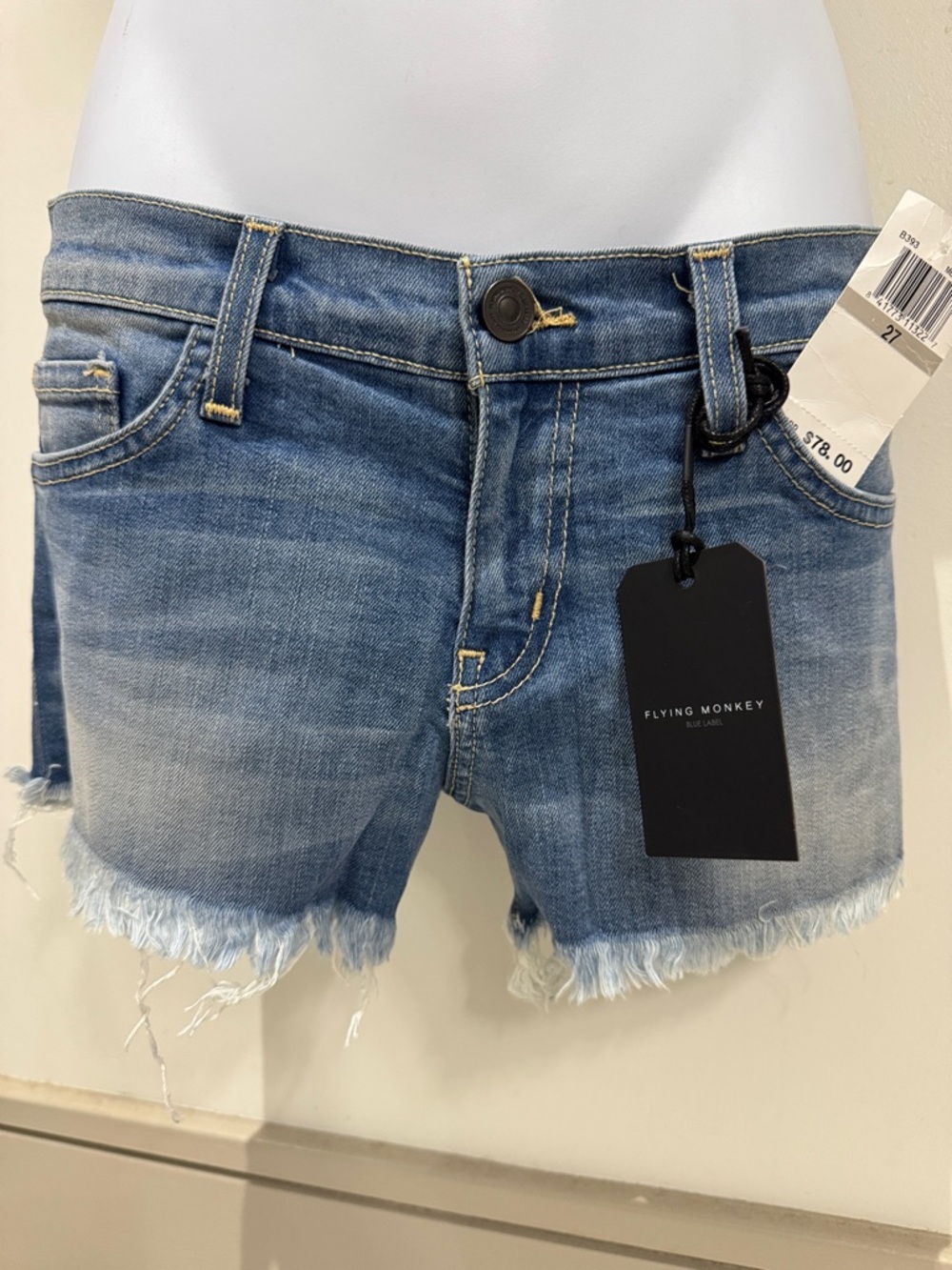 Flying Monkey Blue Washed Denim Frayed Hem Shorts